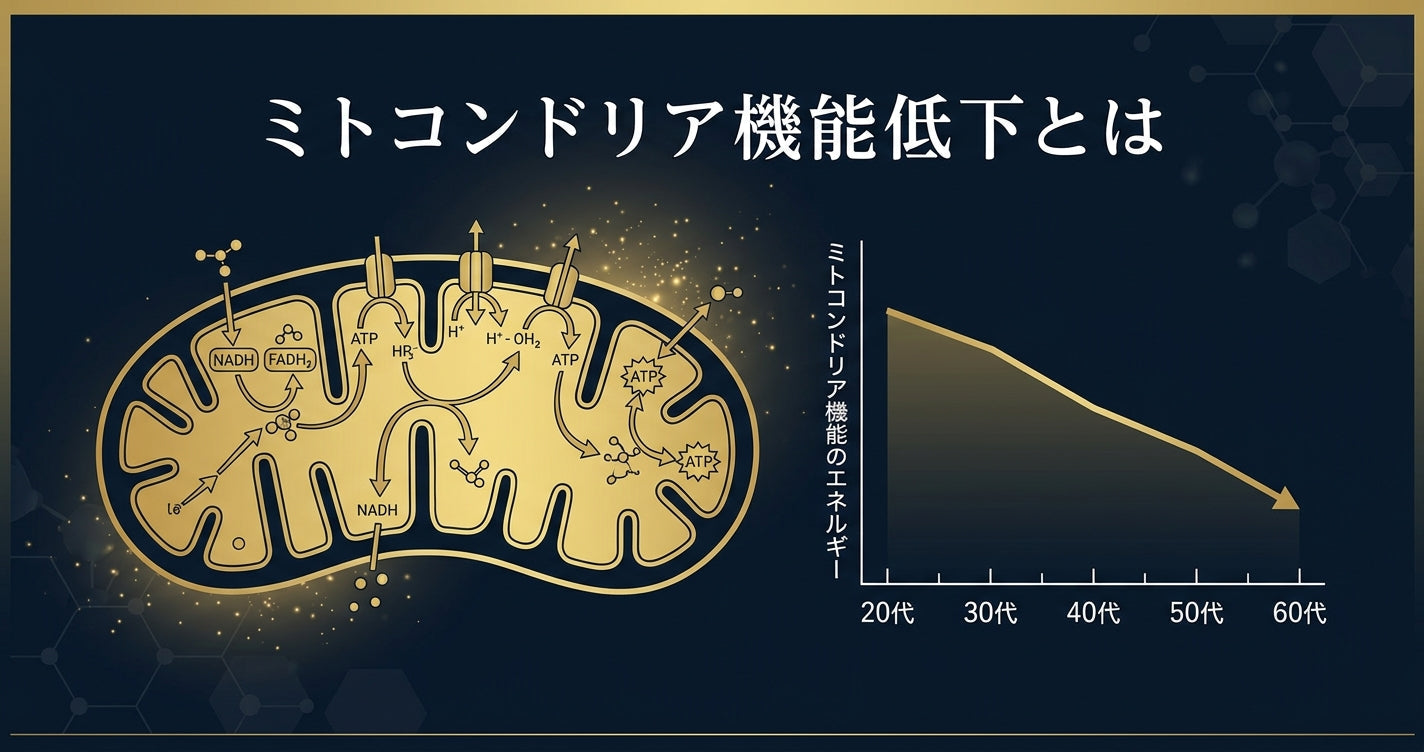 ミトコンドリア機能低下とATP産生の仕組みを解説する図解