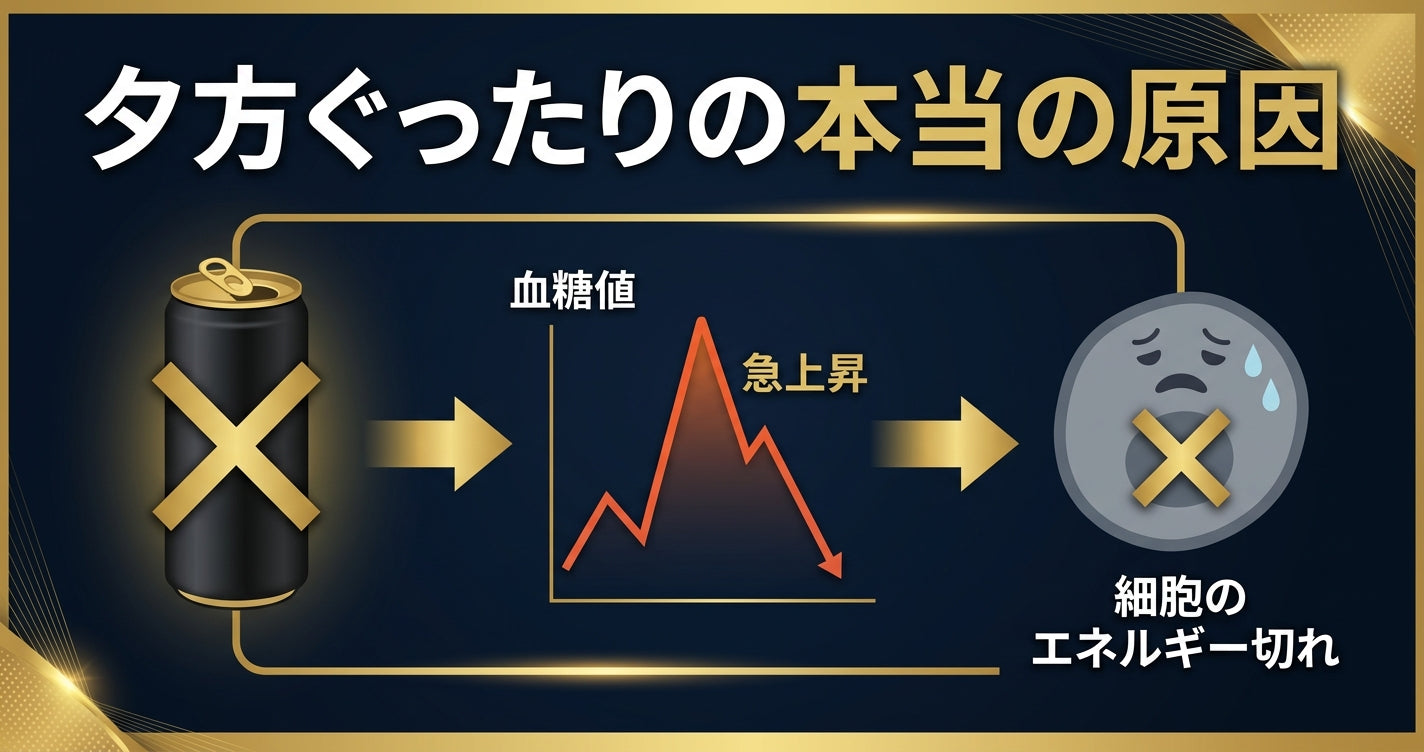 夕方ぐったりしエナジードリンクが効かなくなる原因を解説するインフォグラフィック